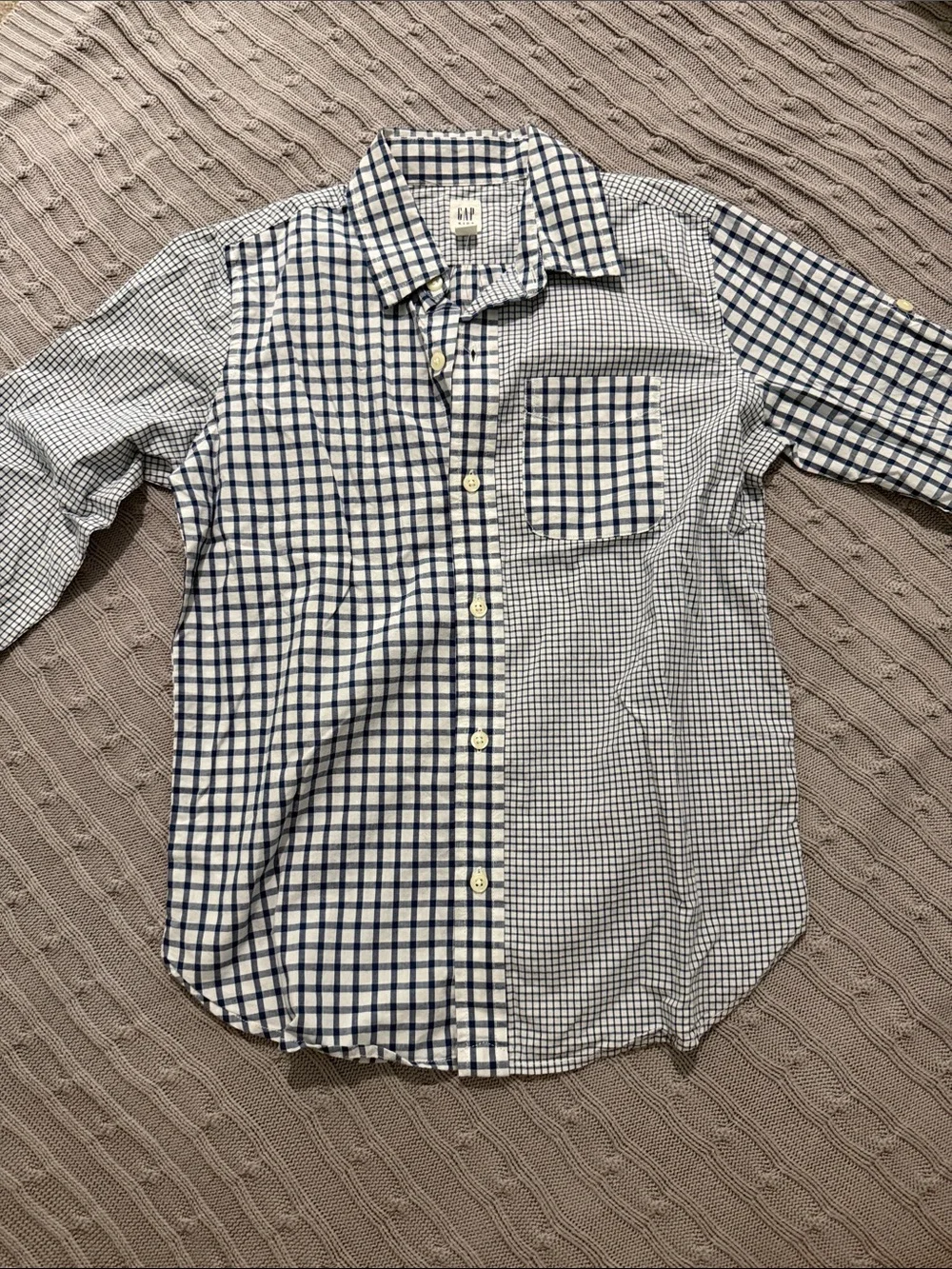 GAP Boys 10 Blue and White Check Patchwork Button-Down Shirt